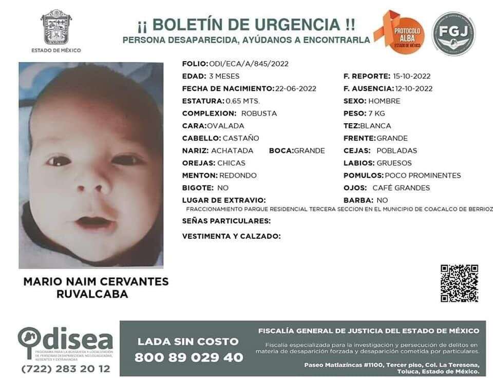 Ayuda a localizar a menor de 3 meses desaparecido en Coacalco 1