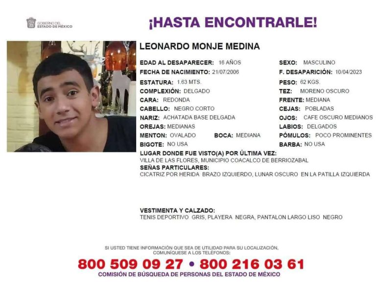 Ayuda a localizar a Leonardo, adolescente que desapareció en calles de Coacalco