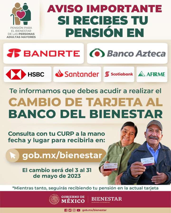 Secretaría de Bienestar inicia cambio de tarjetas al Banco del Bienestar para quienes aún reciben pensión a través de Banorte, Azteca, HSBC, Santander, Scotiabank y Afirme 2