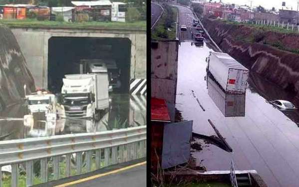 Auto y tráiler quedan cubiertos por inundación en Circuito Mexiquense