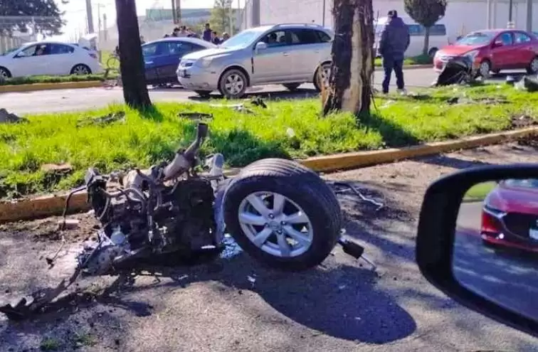 Conductor choca contra árbol y parte su auto en dos, en Toluca