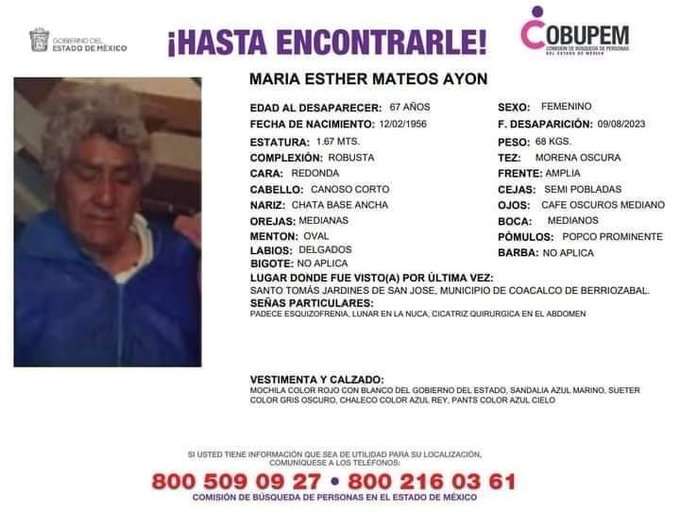 Ayuda a encontrar a Maria Esther quien desapareció en calles de Coacalco 1