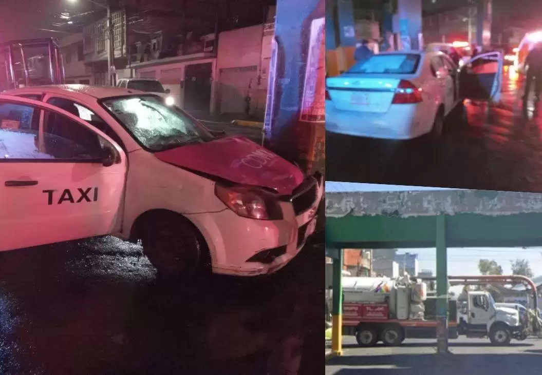Taxi se impacta contra estructura en Neza, pasajera se rompe la maceta
