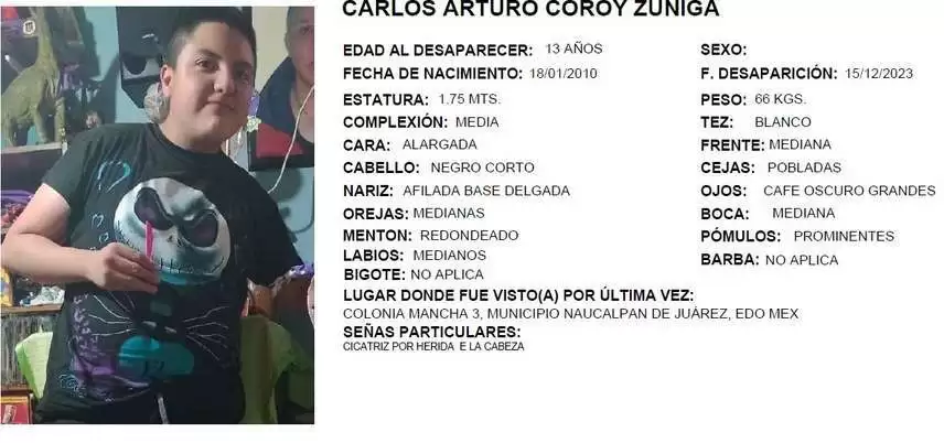 Ayuda a localizar a Carlos de 13 años desaparecido en Naucalpan