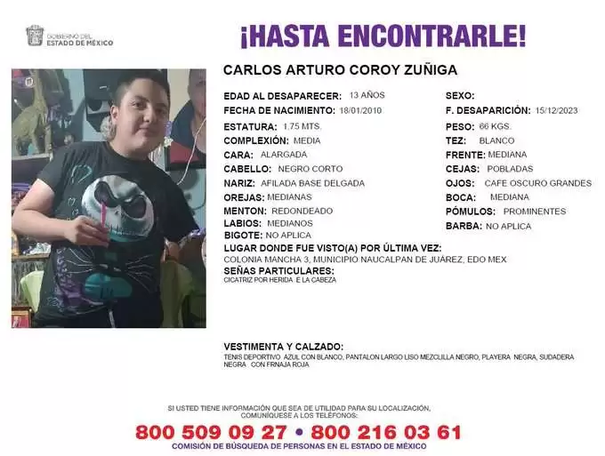 Ayuda a localizar a Carlos de 13 años desaparecido en Naucalpan 1